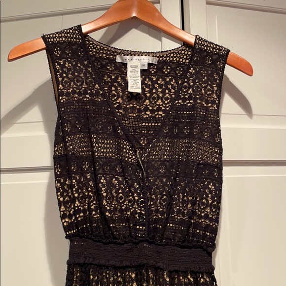 Max Studio V-neck Black Lace Dress w/ Nude Lining - Picture 2 of 10